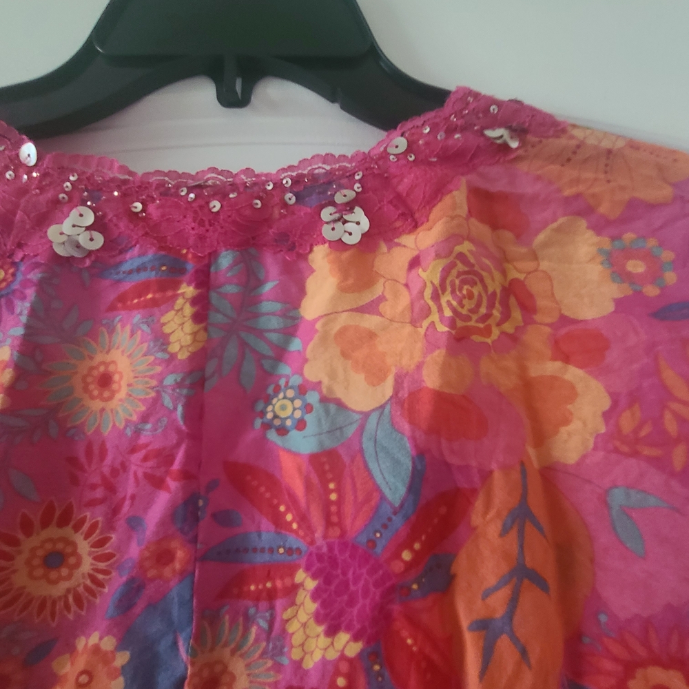 Sigrid Olsen Pink and Orange Floral Sequin V-Neck Blouse - Picture 7 of 7